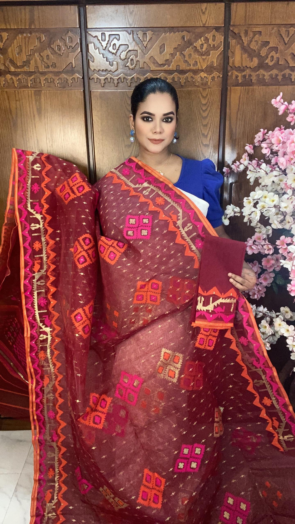 Red Jamdani Saree 80 Count