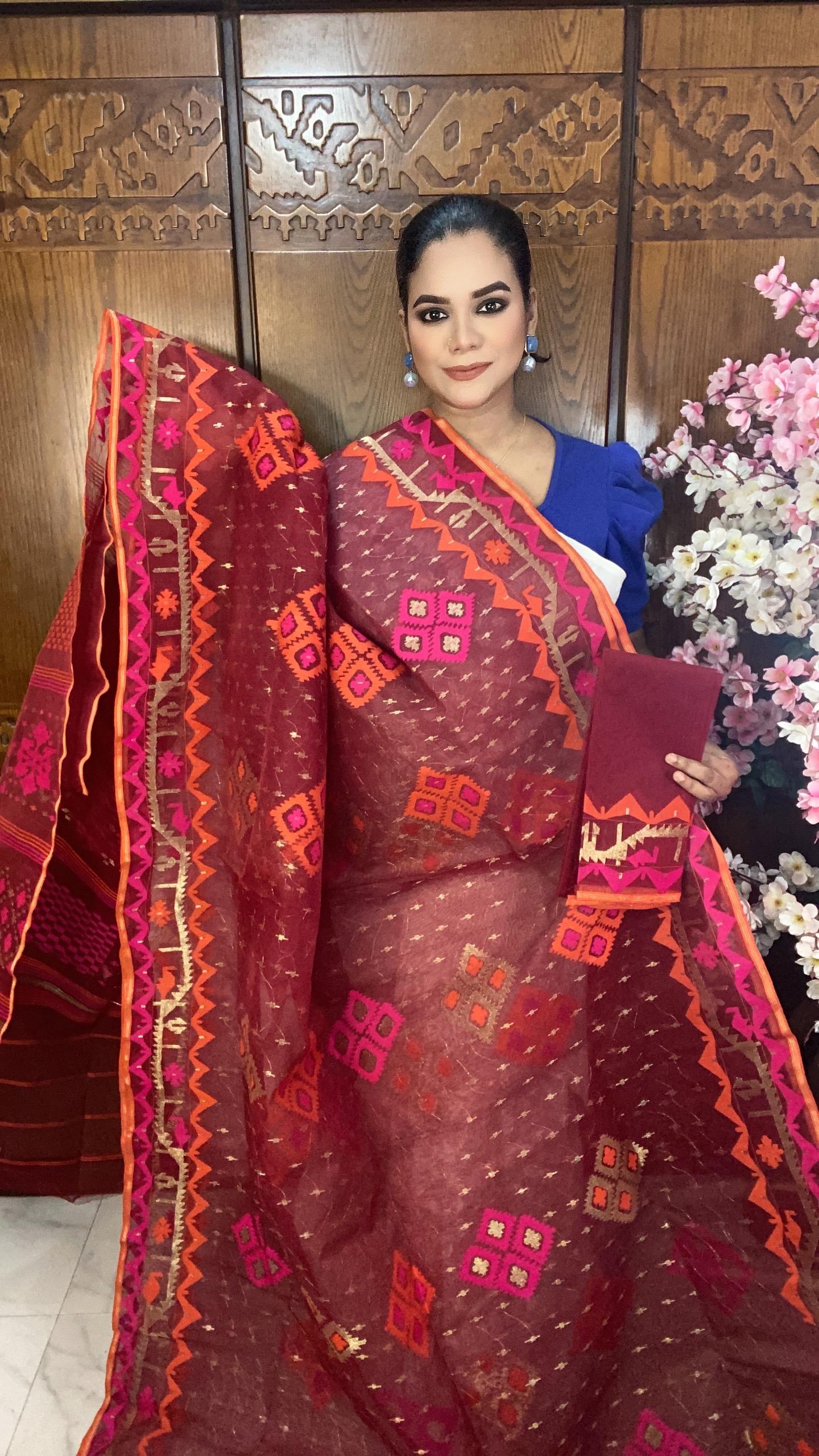 Red Jamdani Saree 80 Count