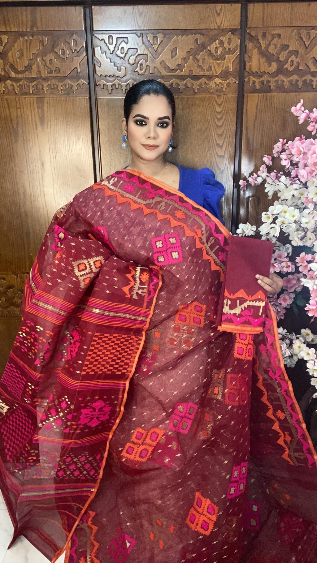 Red Jamdani Saree 80 Count
