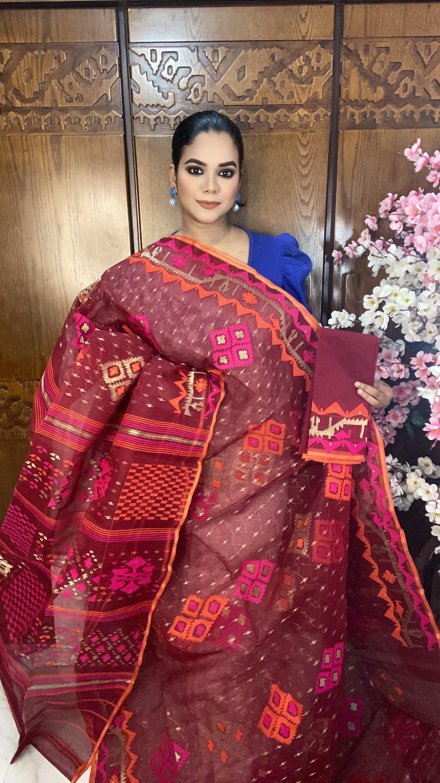 Red Jamdani Saree 80 Count