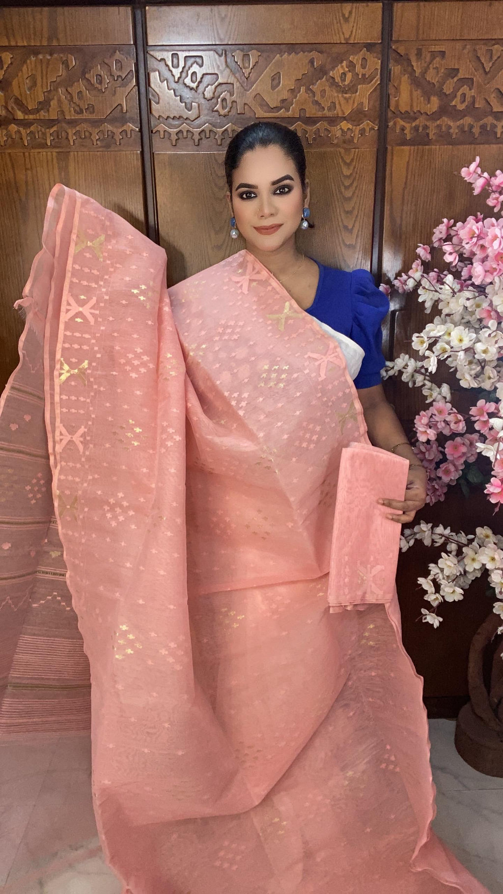 Peach 60/80 Jamdani Saree Mixed Count
