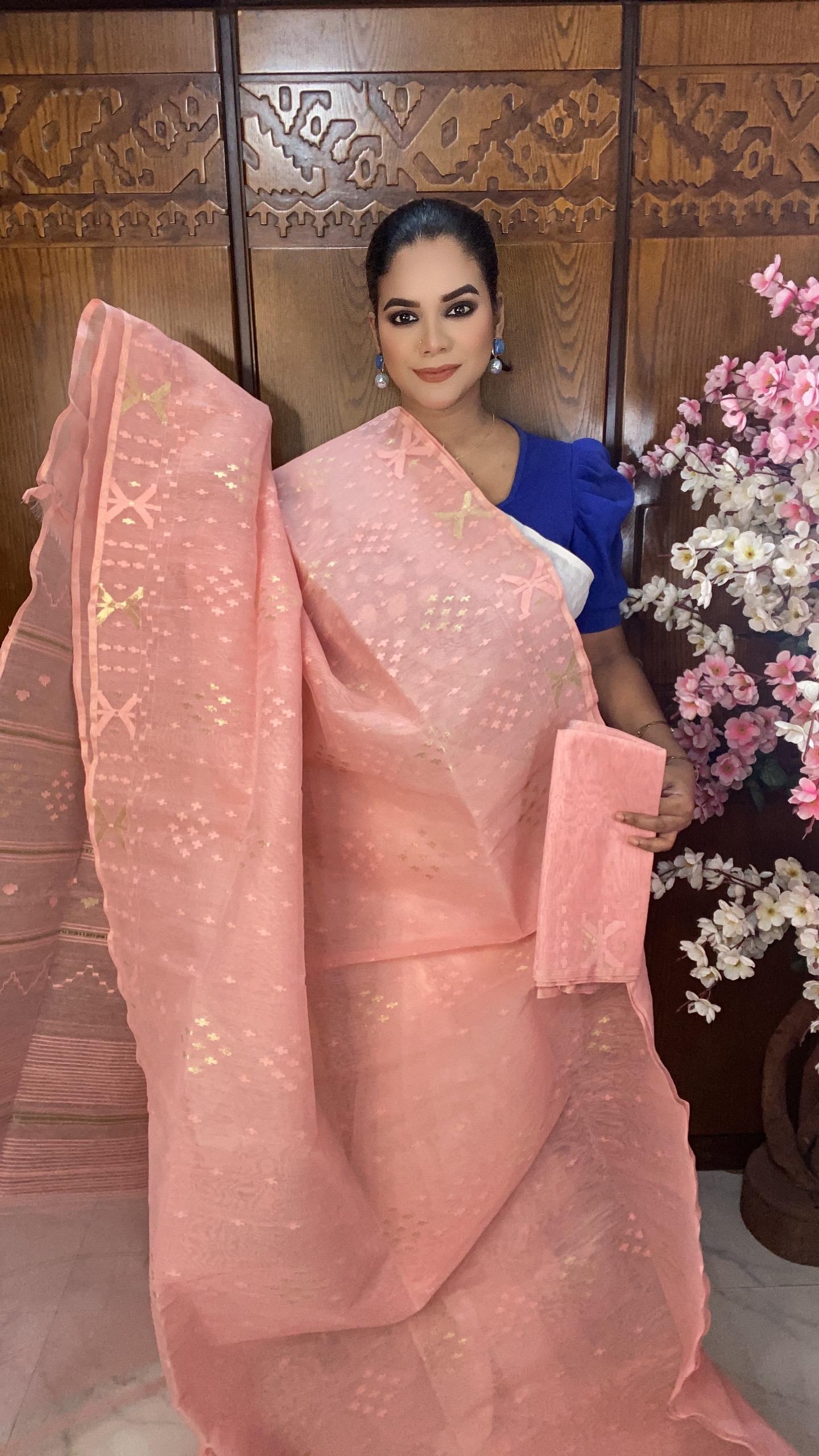 Peach 60/80 Jamdani Saree Mixed Count