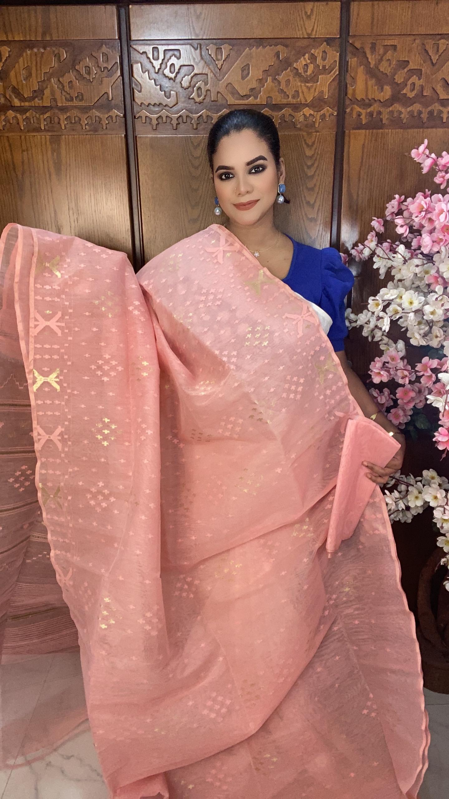 Peach 60/80 Jamdani Saree Mixed Count