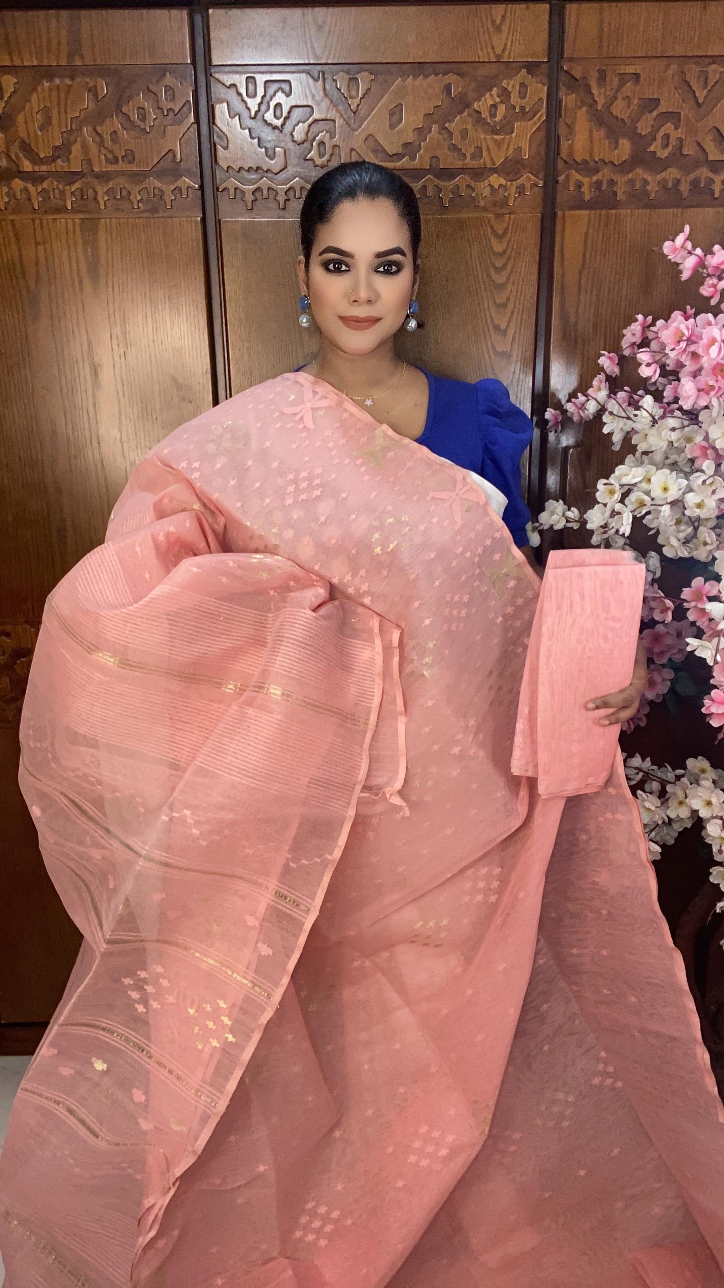 Peach 60/80 Jamdani Saree Mixed Count