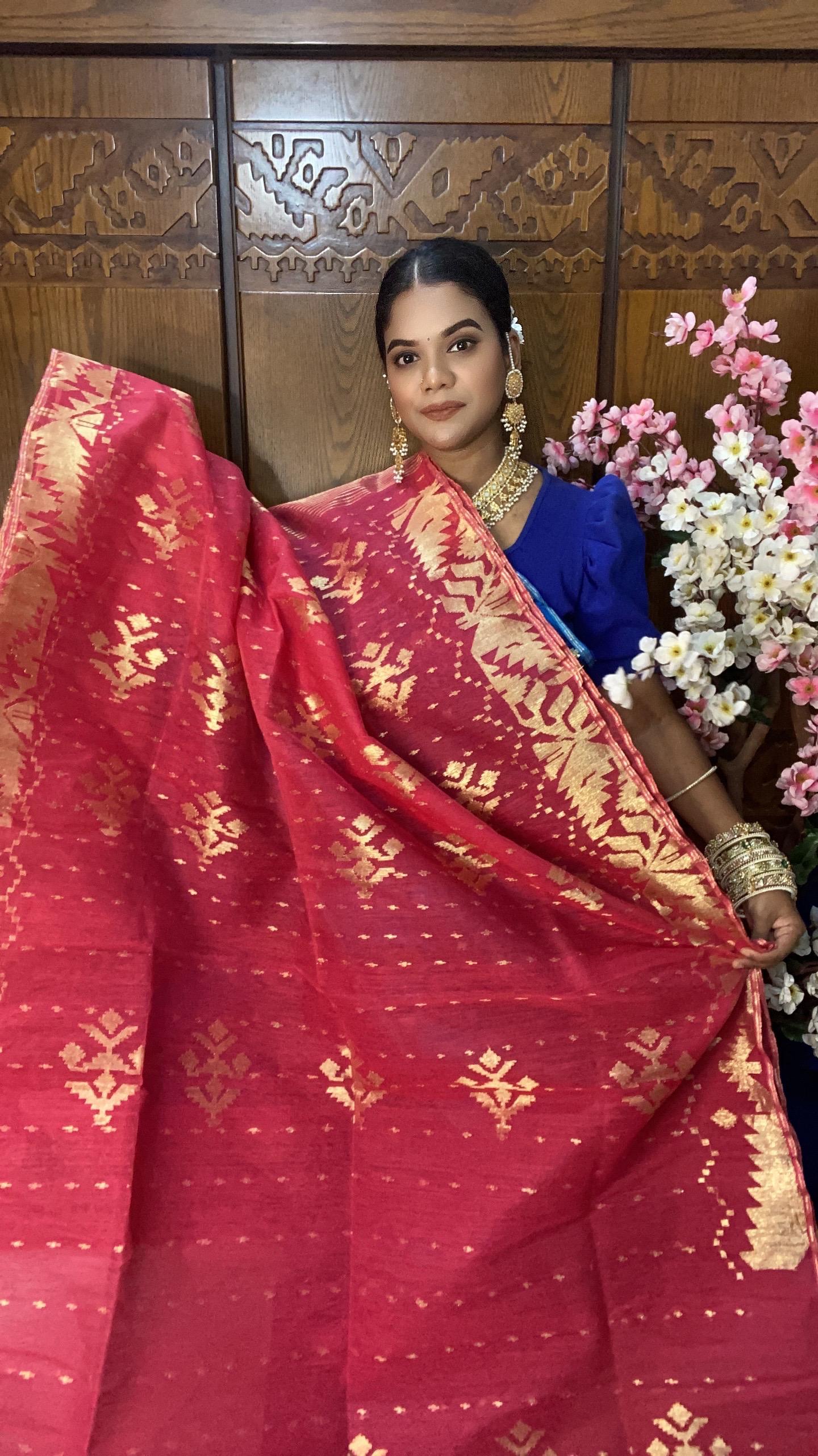 Red Jamdani Saree 60/80 Mixed Count