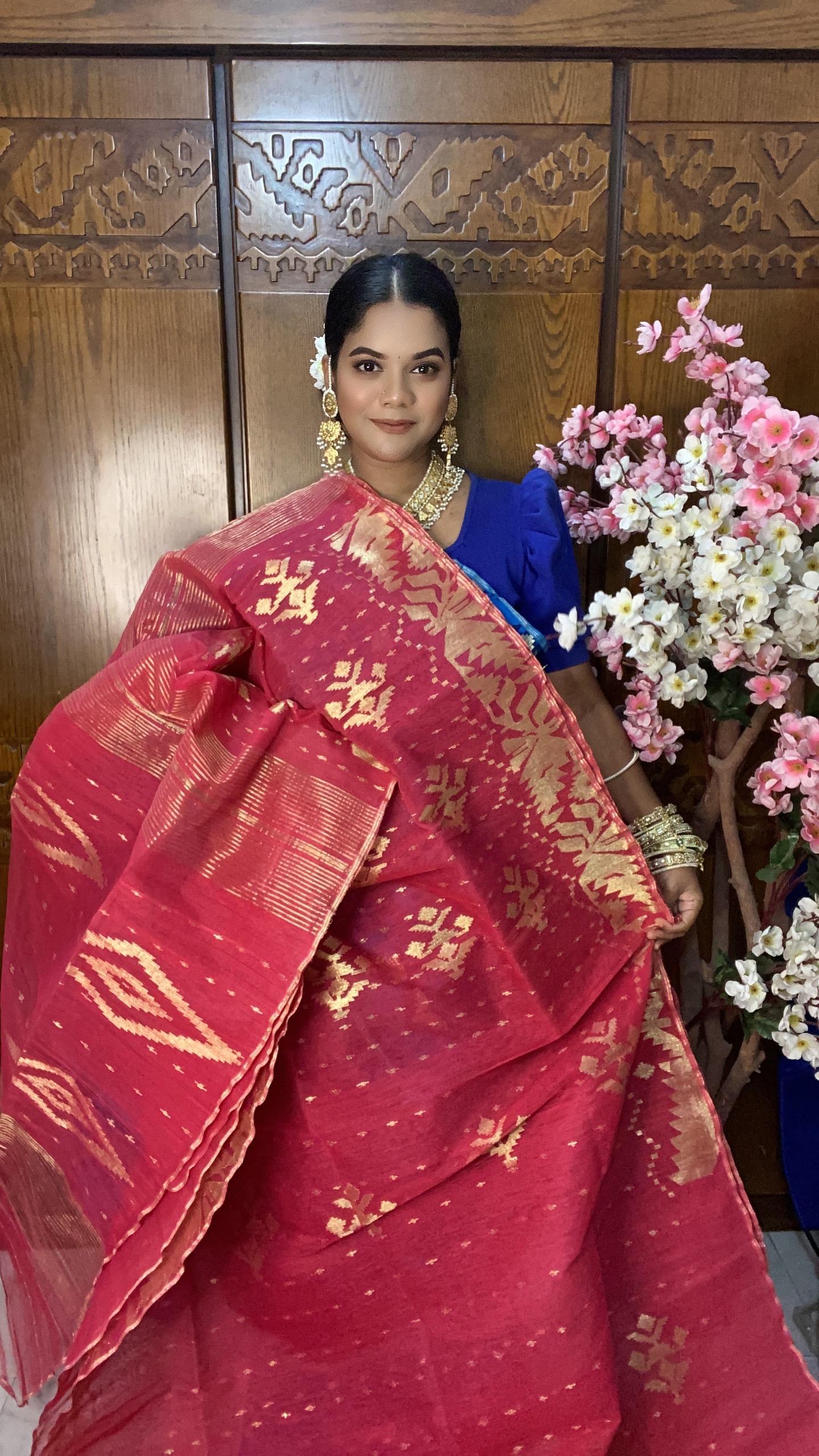 Red Jamdani Saree 60/80 Mixed Count