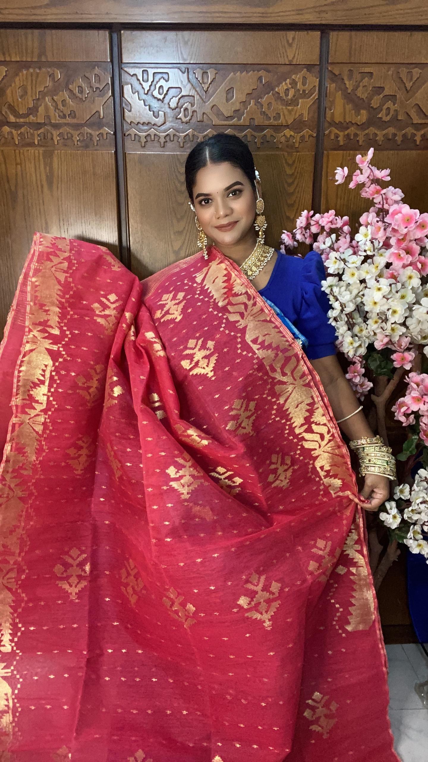 Red Jamdani Saree 60/80 Mixed Count