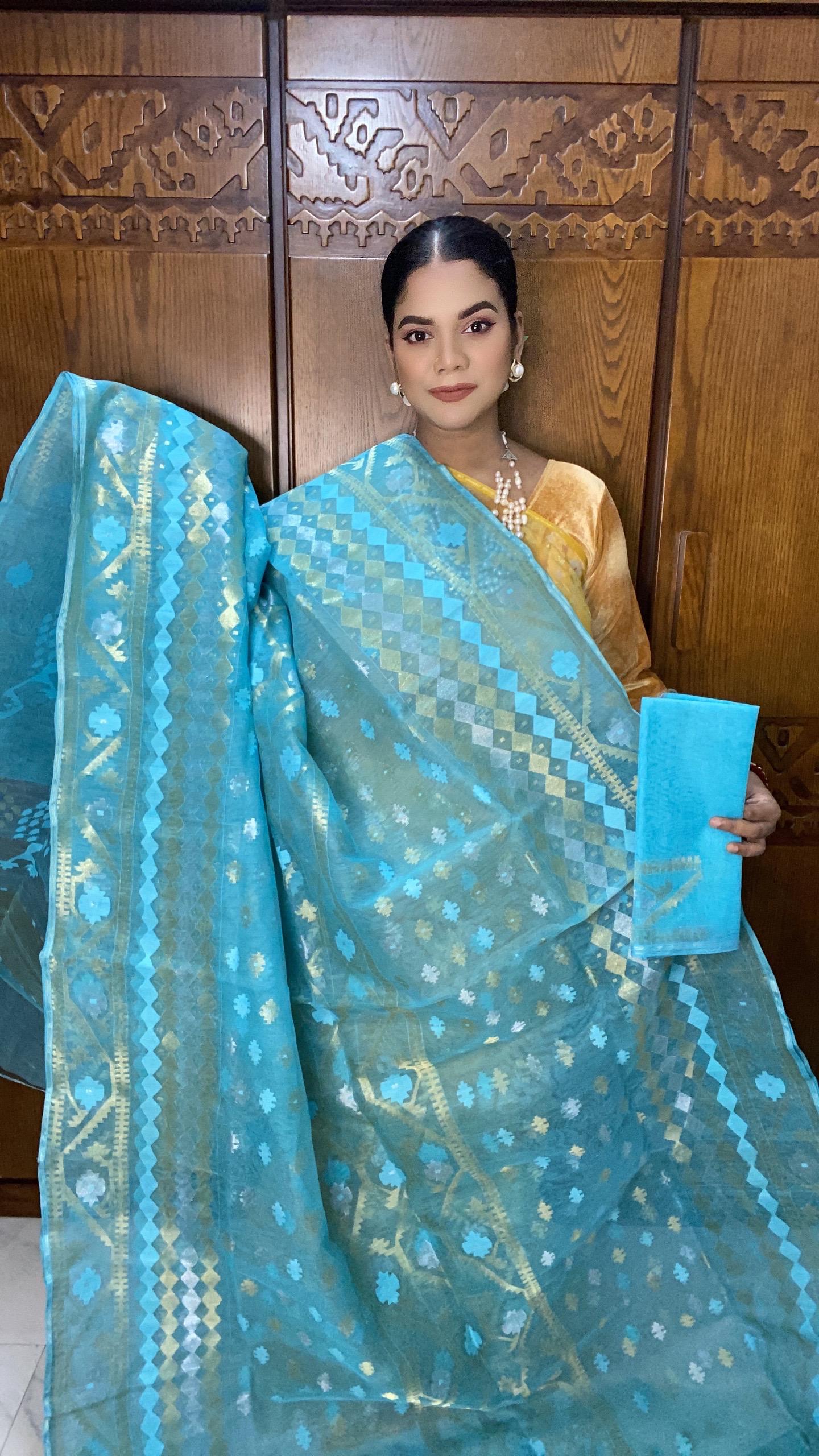 Bright Turquoise Blue  Jamdani Saree 84 Count