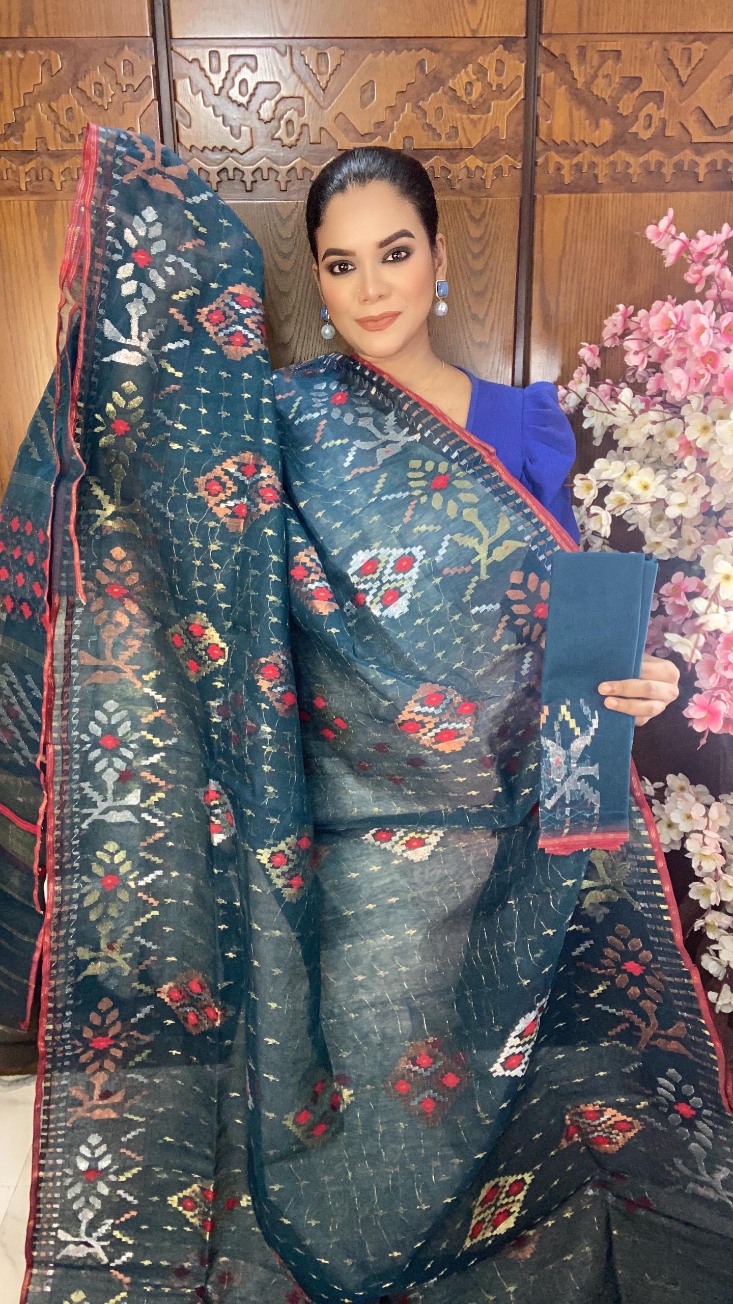 Deep Teal Blue Jamdani Saree 80 Count