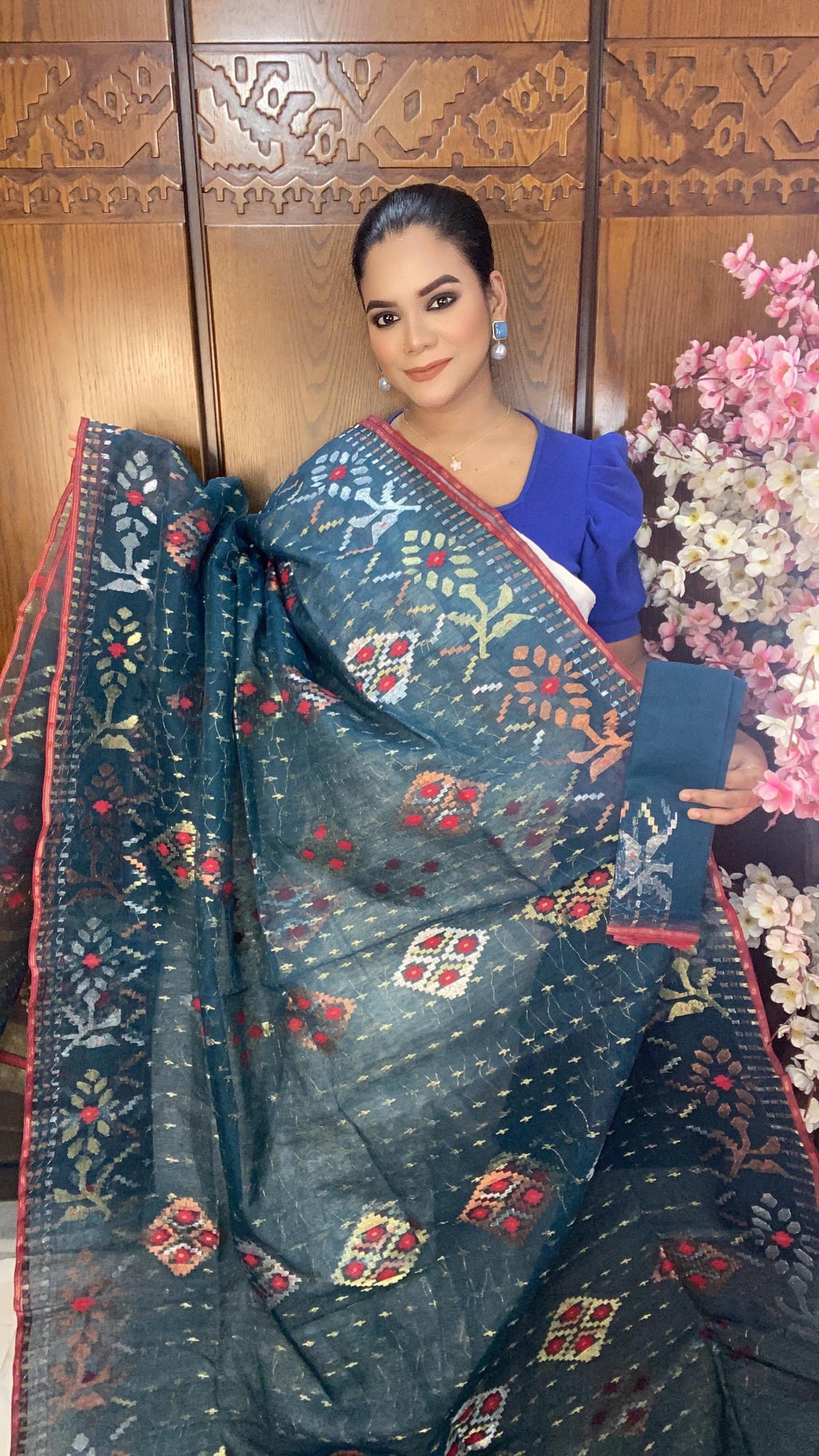 Deep Teal Blue Jamdani Saree 80 Count