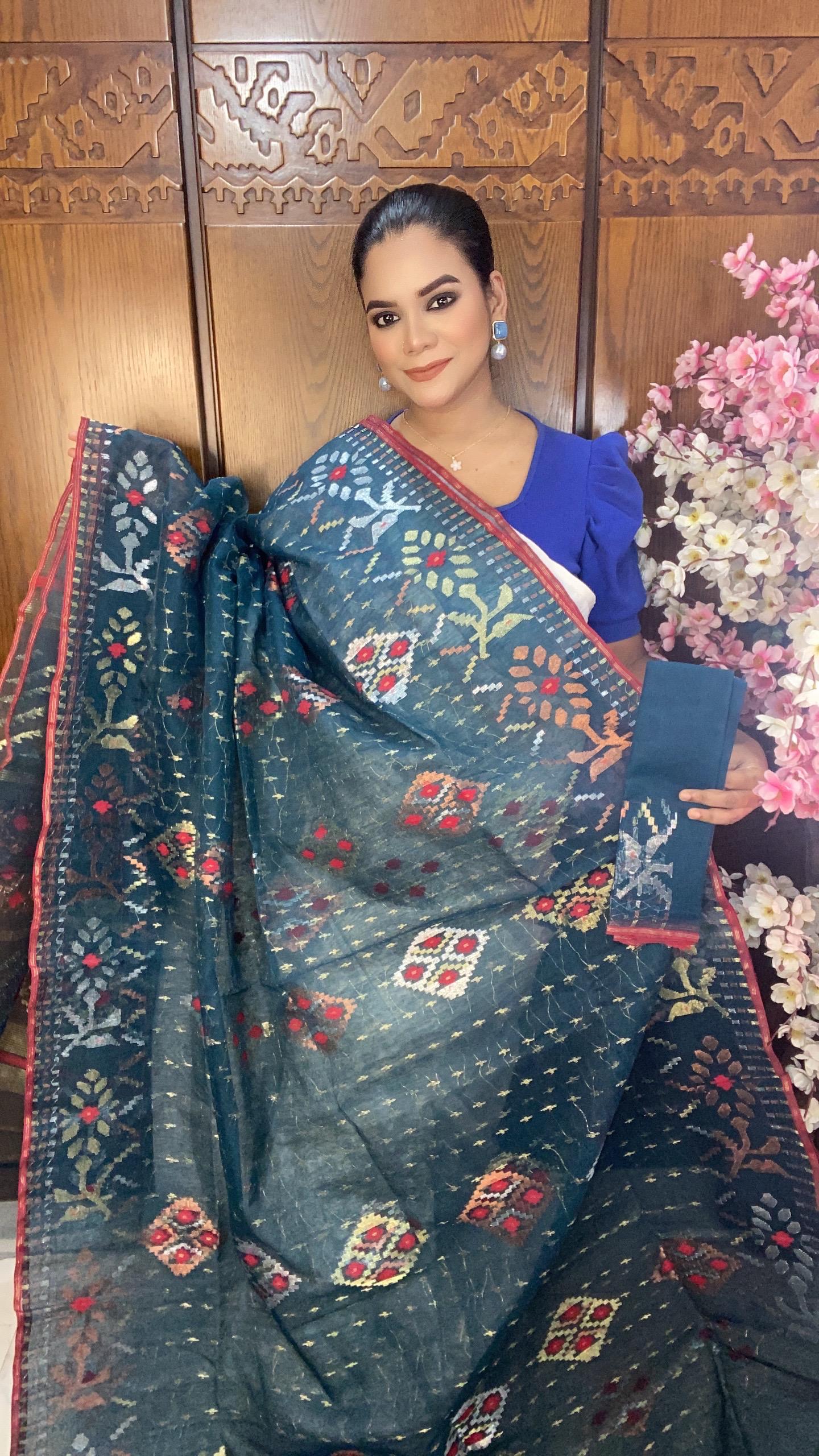 Deep Teal Blue Jamdani Saree 80 Count