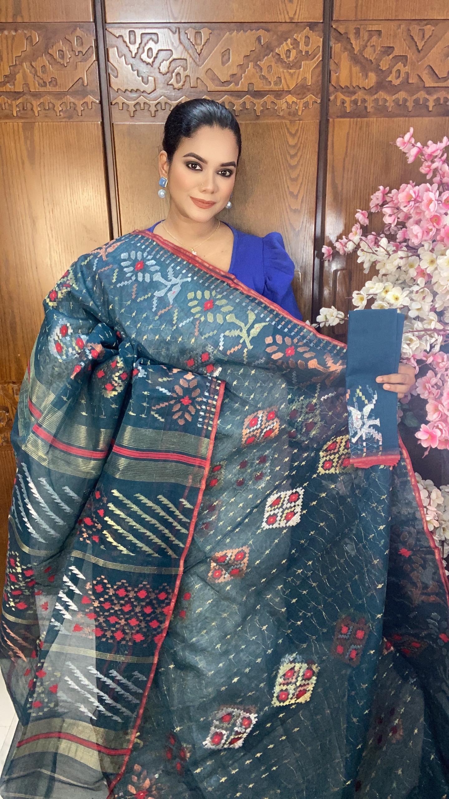 Deep Teal Blue Jamdani Saree 80 Count