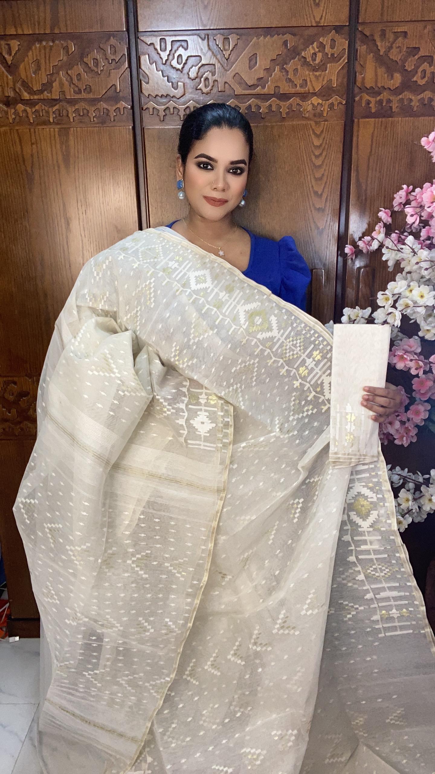 White Jamadani Saree 60/80 Mixed Count