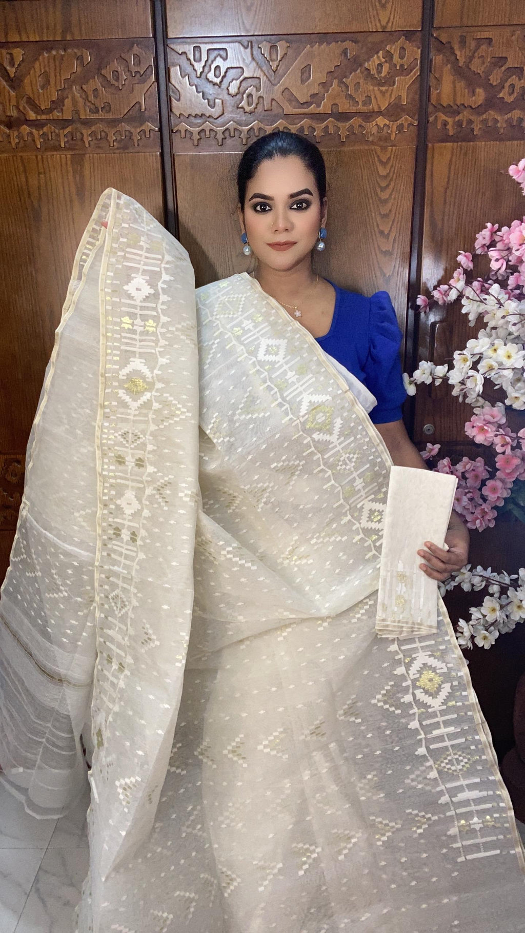 White Jamadani Saree 60/80 Mixed Count