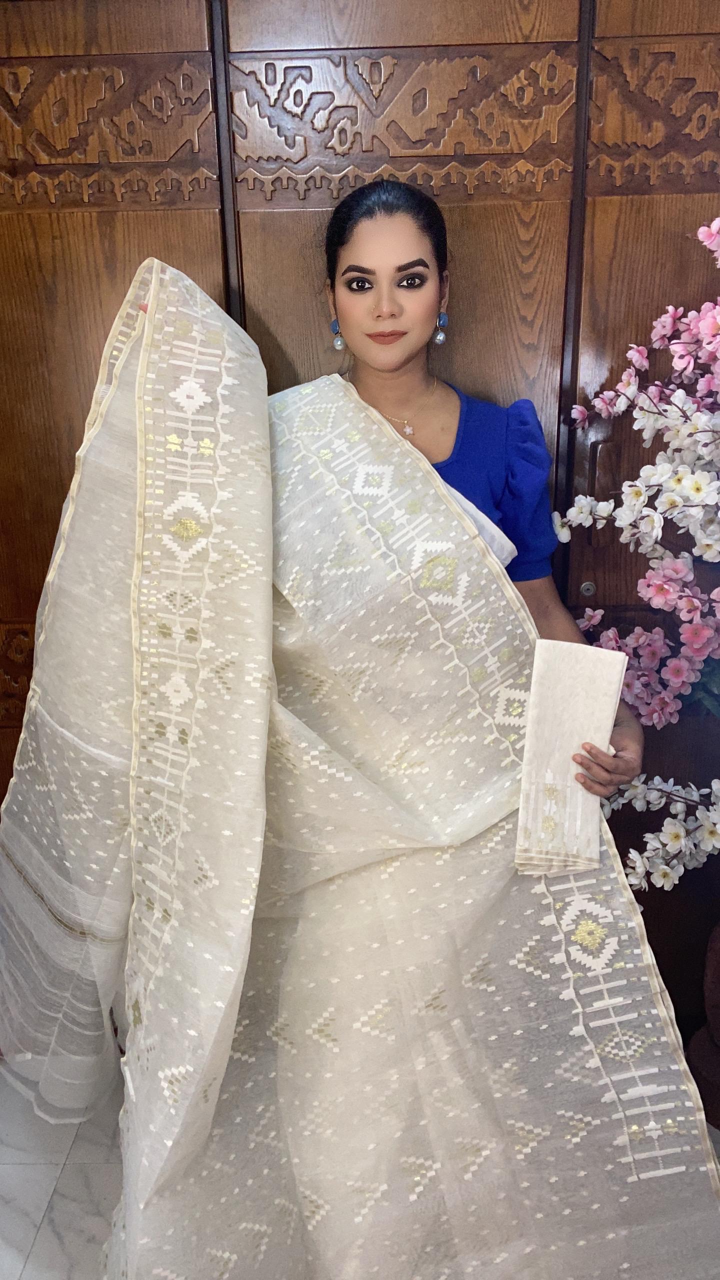 White Jamadani Saree 60/80 Mixed Count