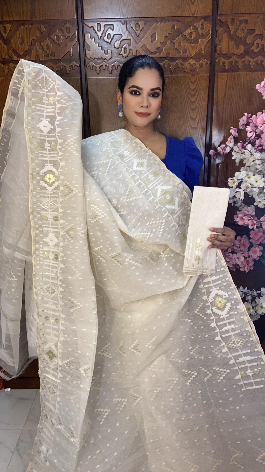 White Jamadani Saree 60/80 Mixed Count