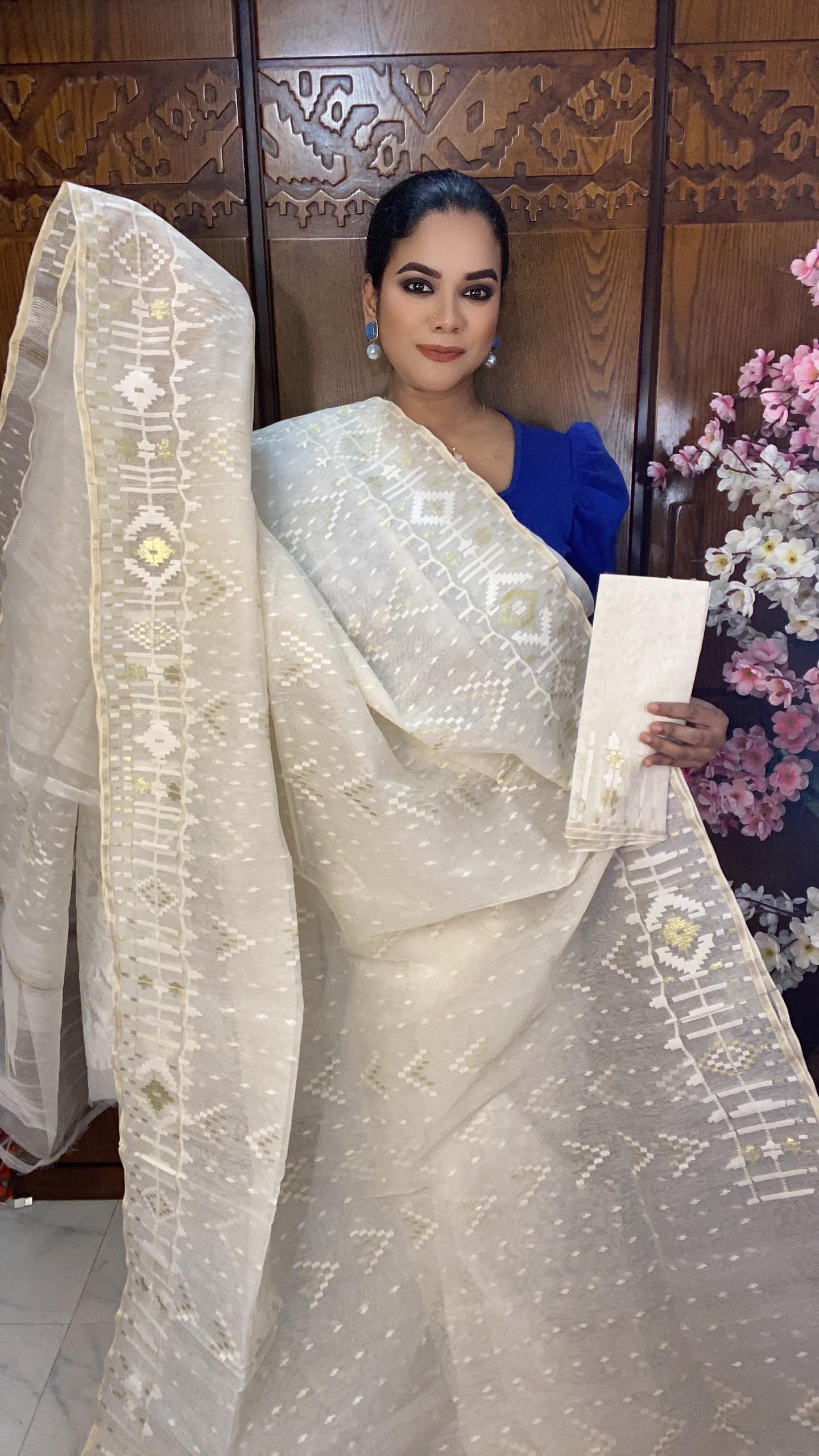 White Jamadani Saree 60/80 Mixed Count