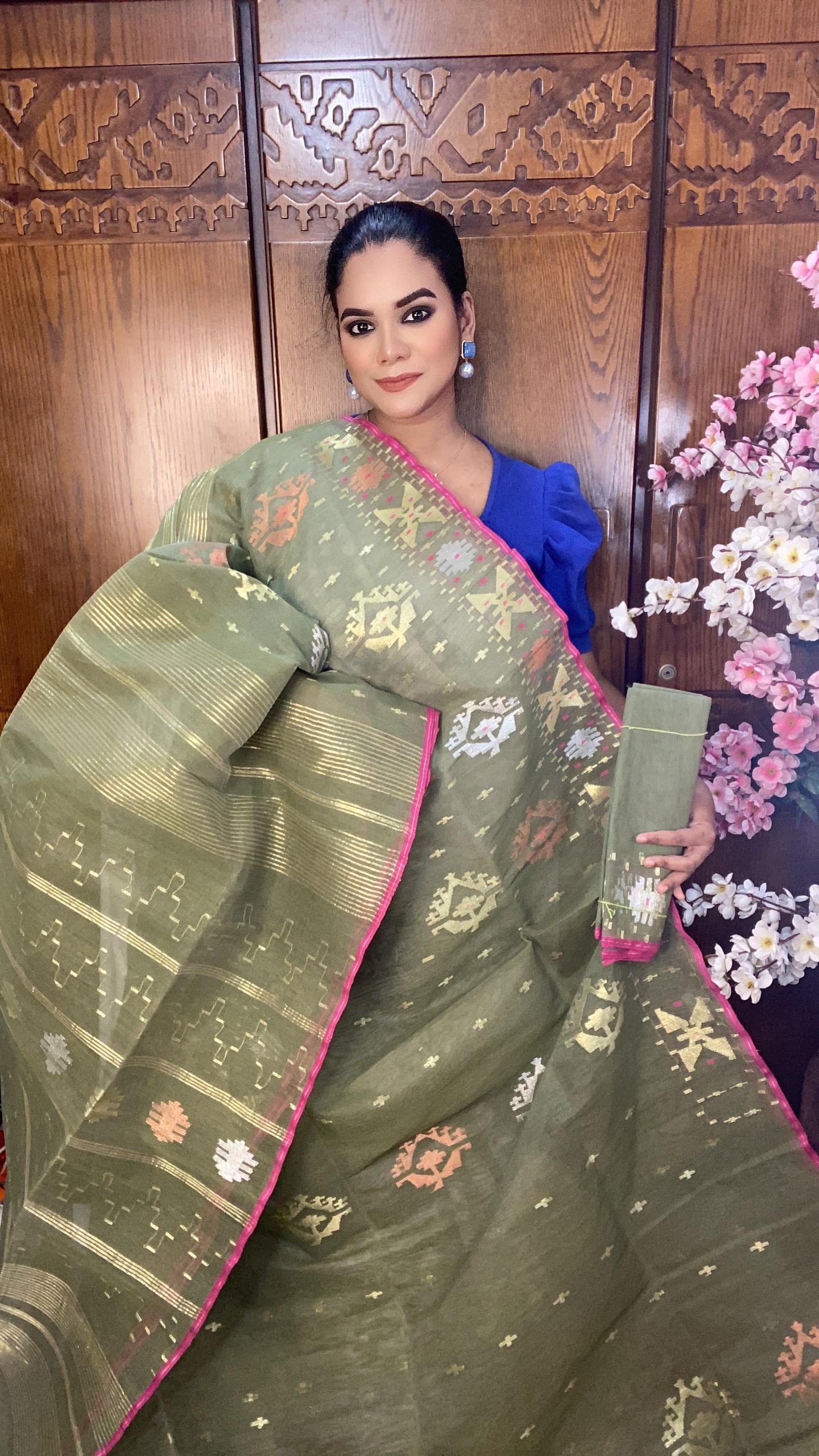 Olive Green Jamdani Saree 60/80 Mixed Count
