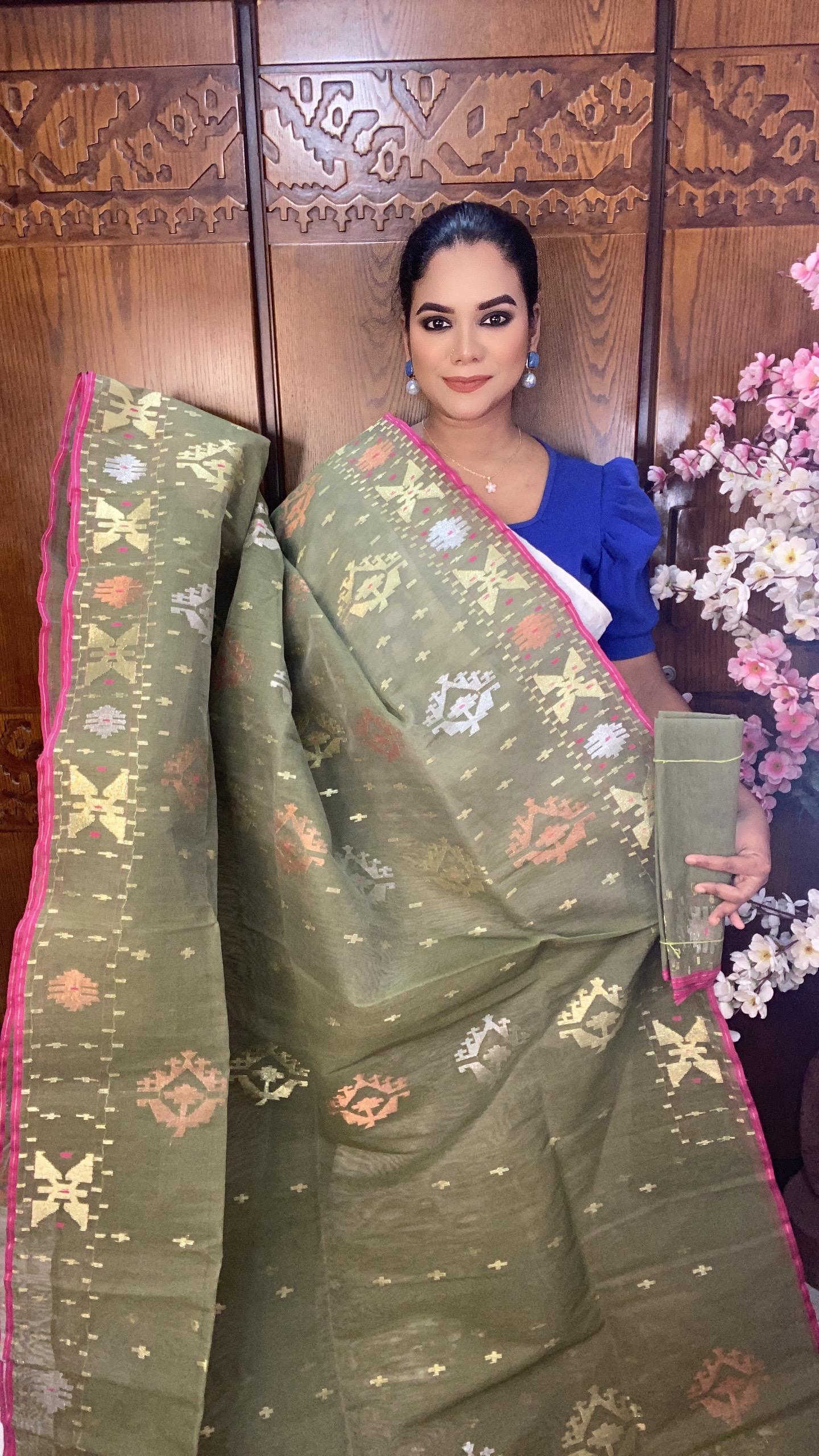 Olive Green Jamdani Saree 60/80 Mixed Count