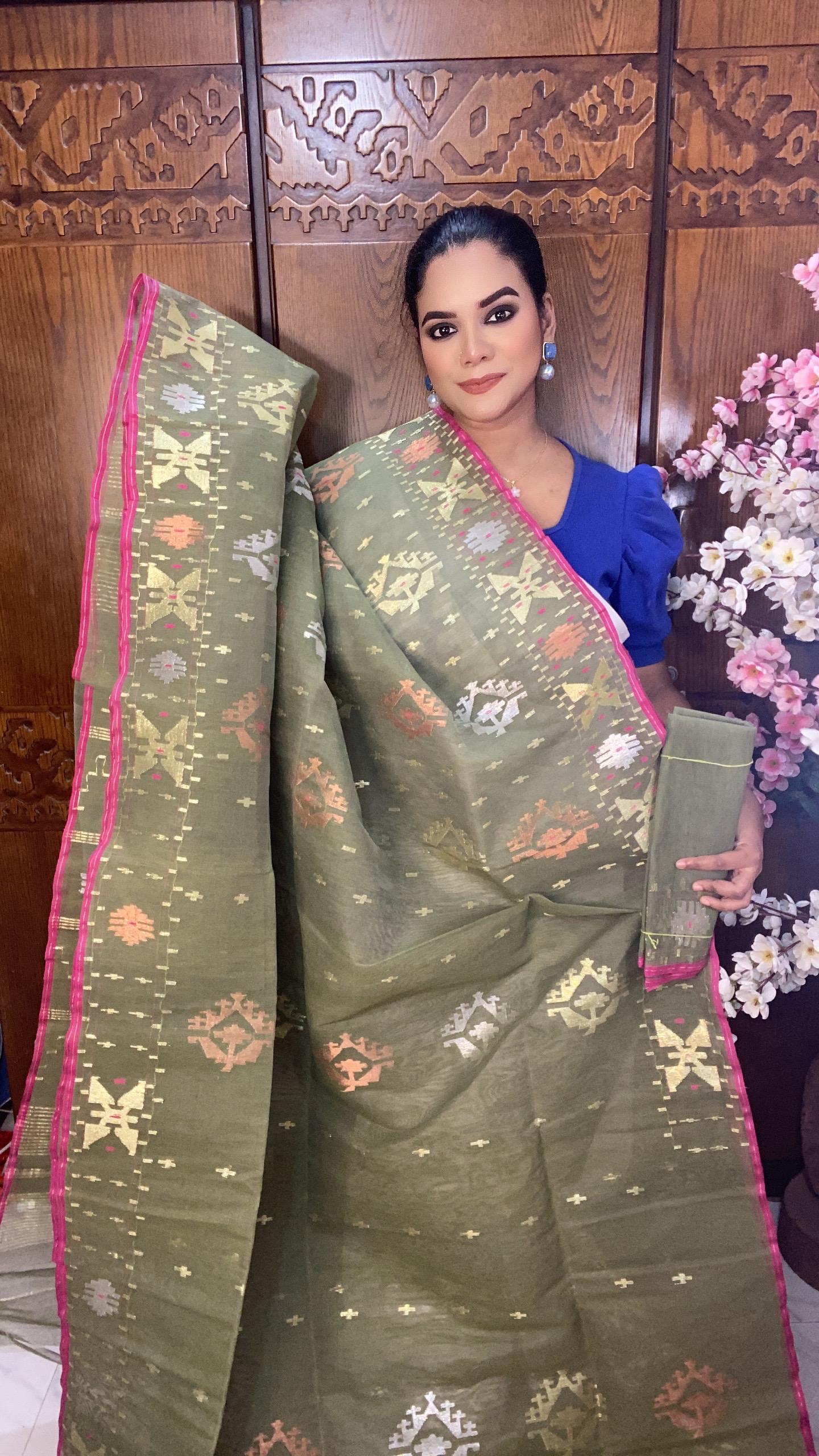 Olive Green Jamdani Saree 60/80 Mixed Count