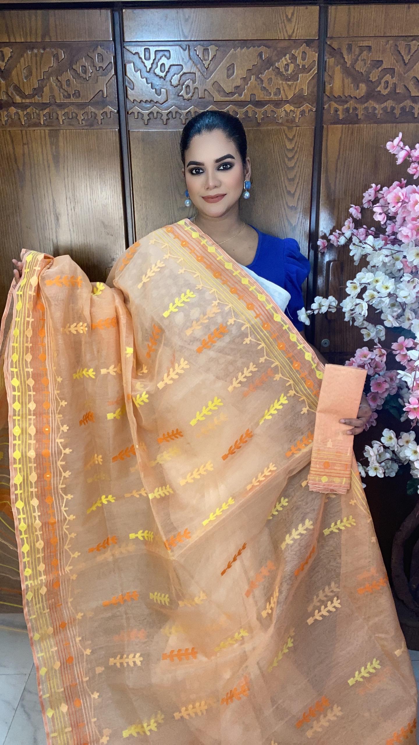 Soft Peach Orange Jamdani Saree 80 Count