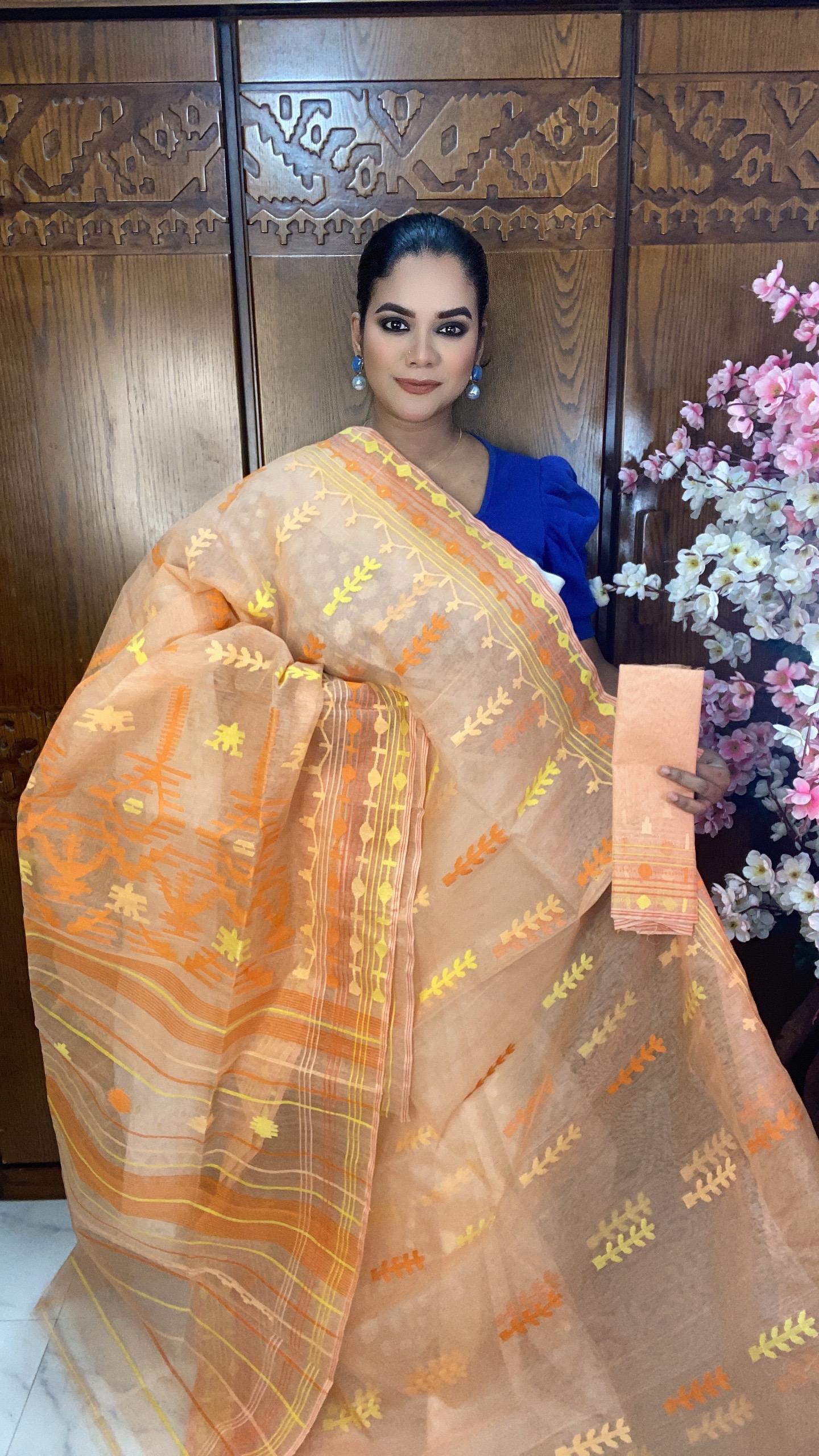 Soft Peach Orange Jamdani Saree 80 Count