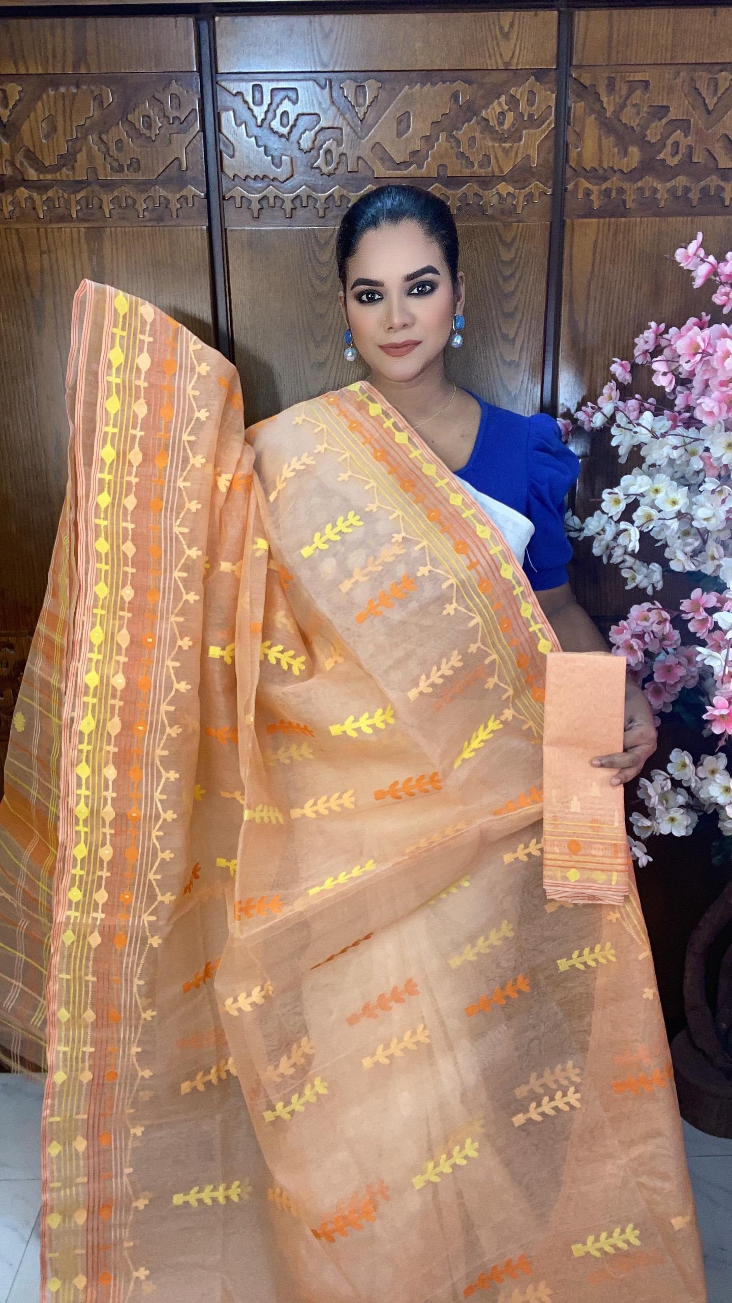 Soft Peach Orange Jamdani Saree 80 Count