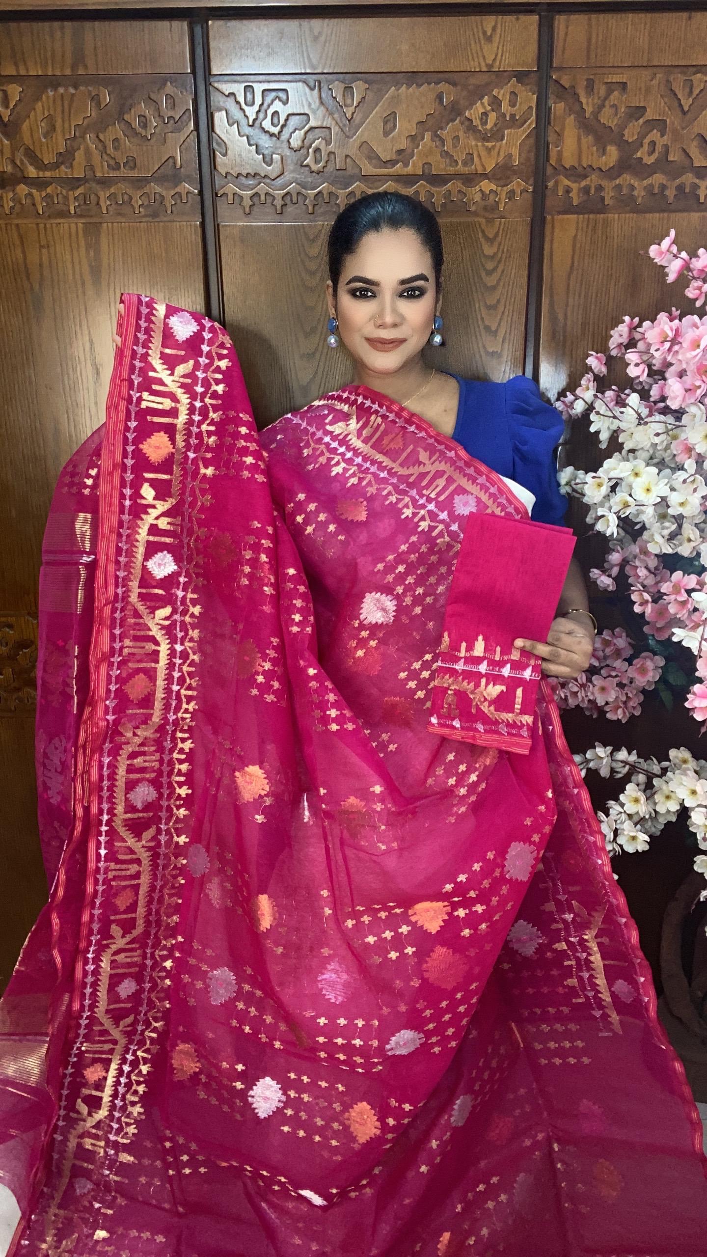 Fuchsia Pink Jamdani Saree 80 Count