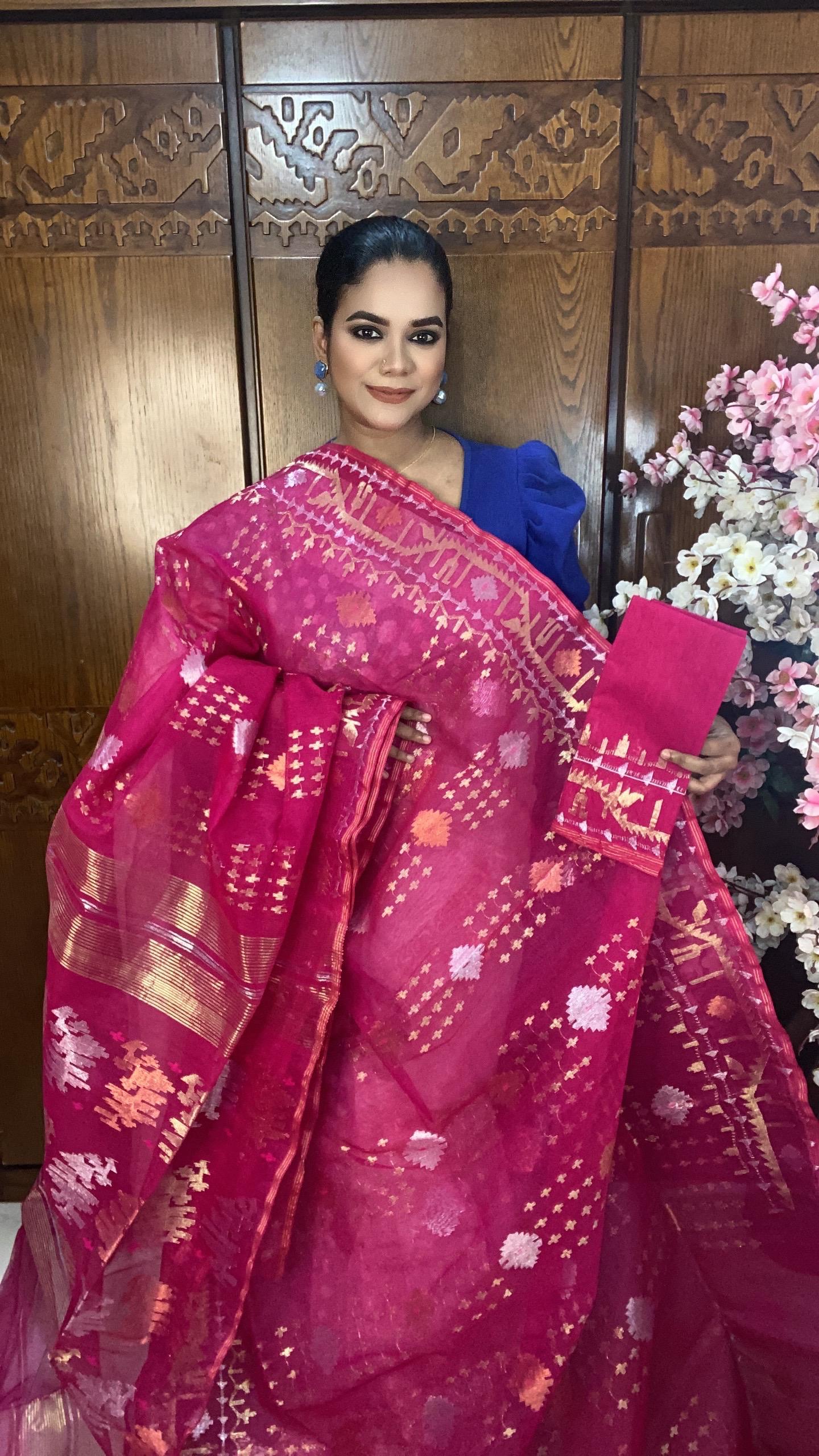 Fuchsia Pink Jamdani Saree 80 Count