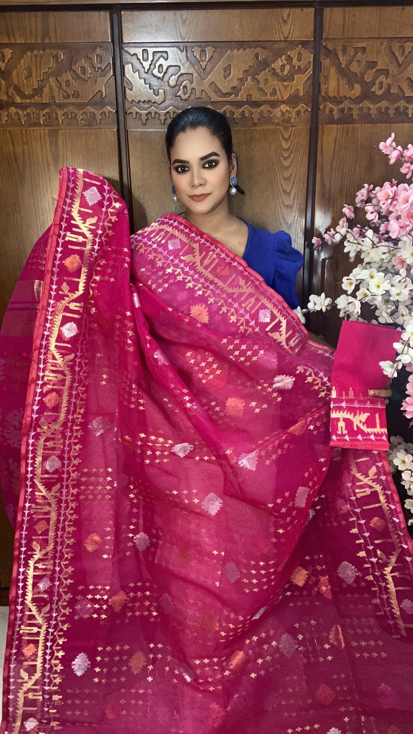 Fuchsia Pink Jamdani Saree 80 Count