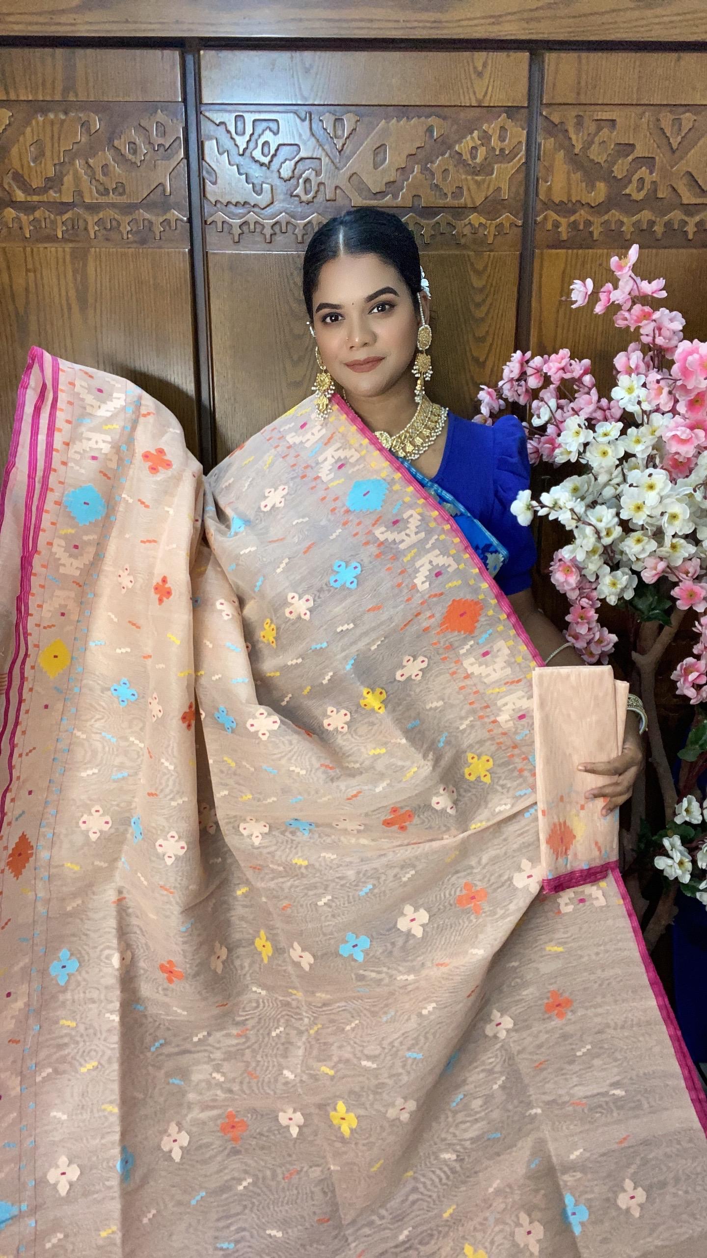 Pastel Peach Jamdani Saree 60/80 Mixed Count