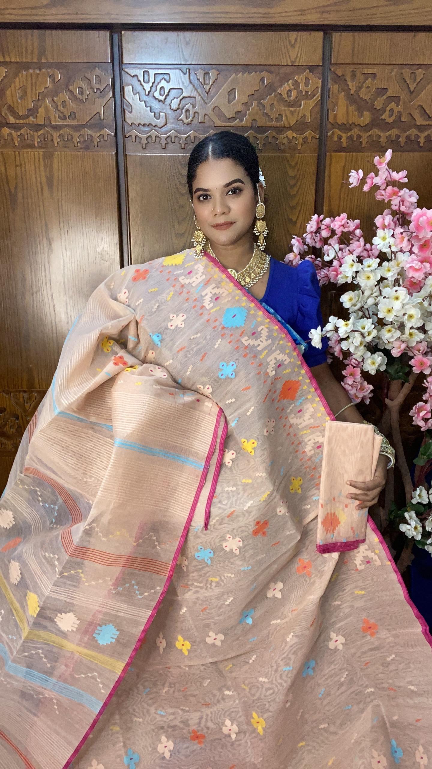 Pastel Peach Jamdani Saree 60/80 Mixed Count