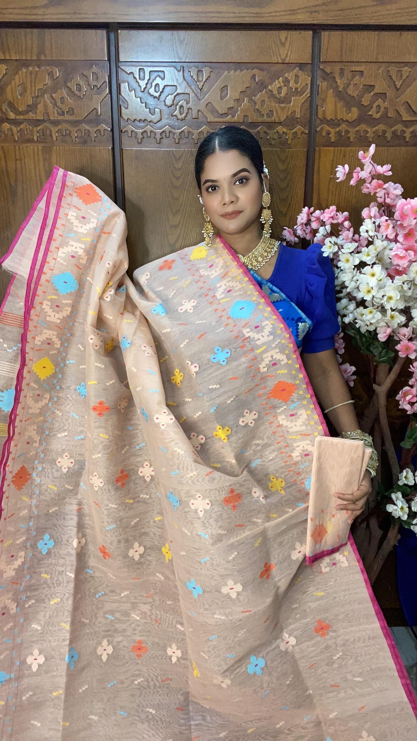 Pastel Peach Jamdani Saree 60/80 Mixed Count