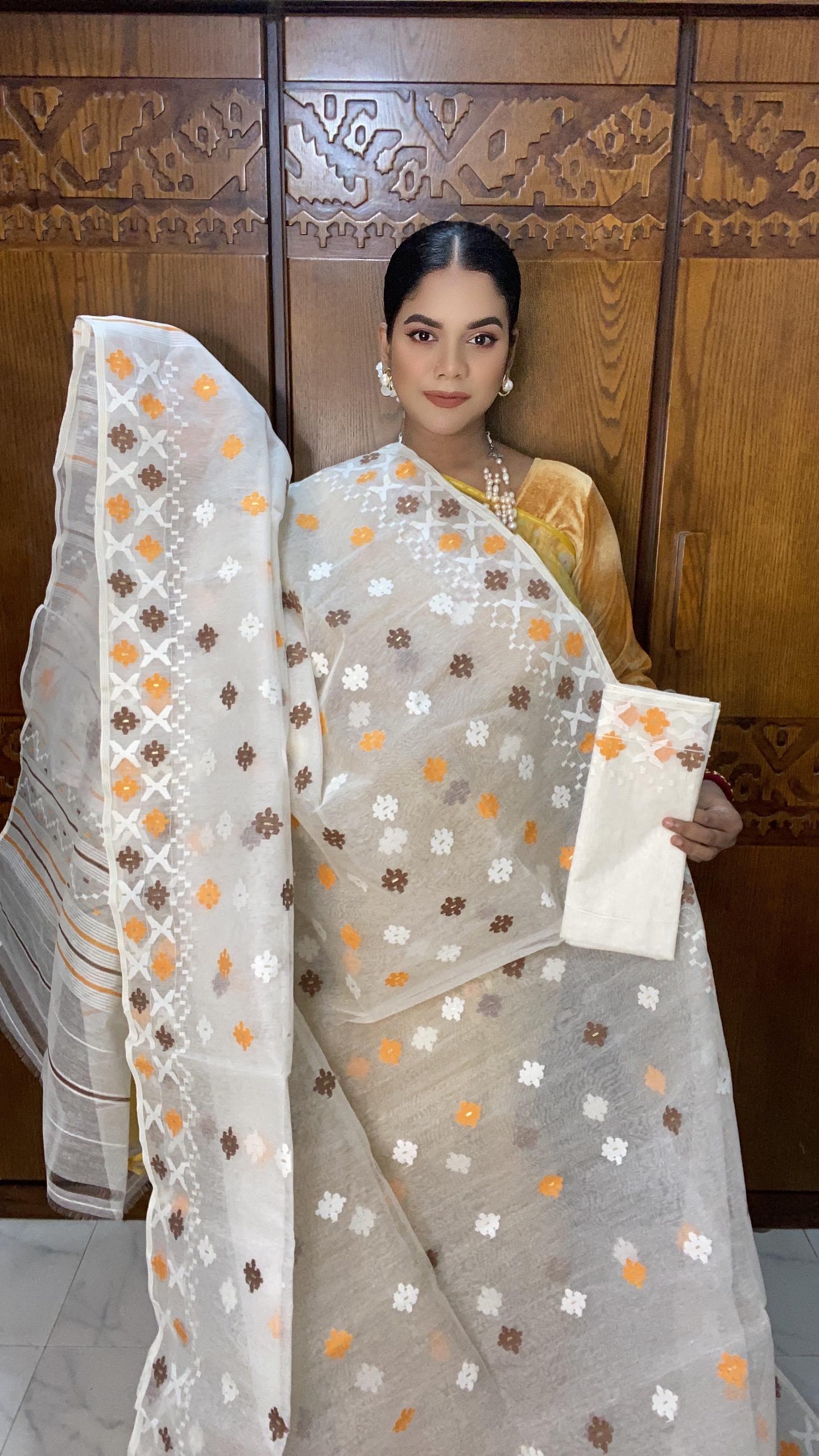 White Orange Jamdani Sareec 80 Count