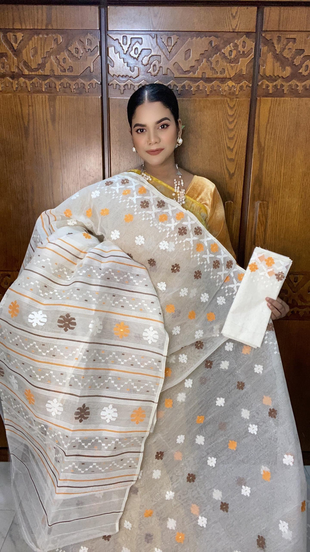 White Orange Jamdani Sareec 80 Count