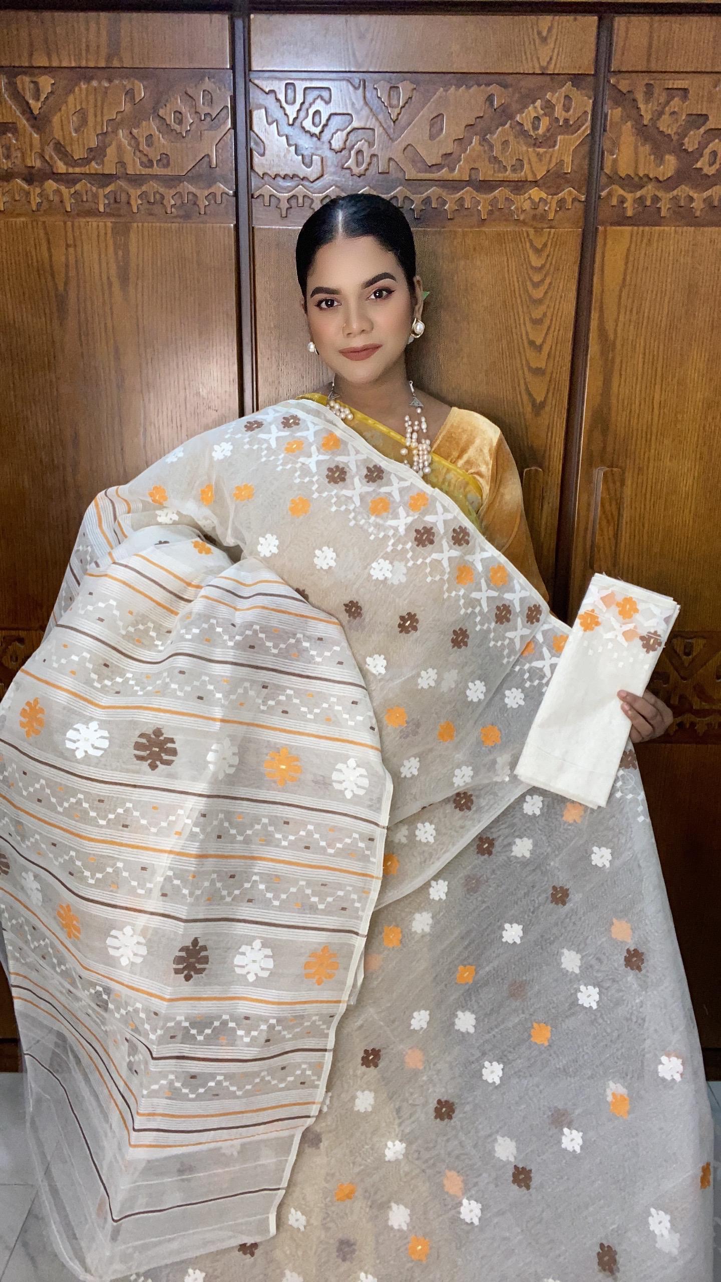 White Orange Jamdani Sareec 80 Count