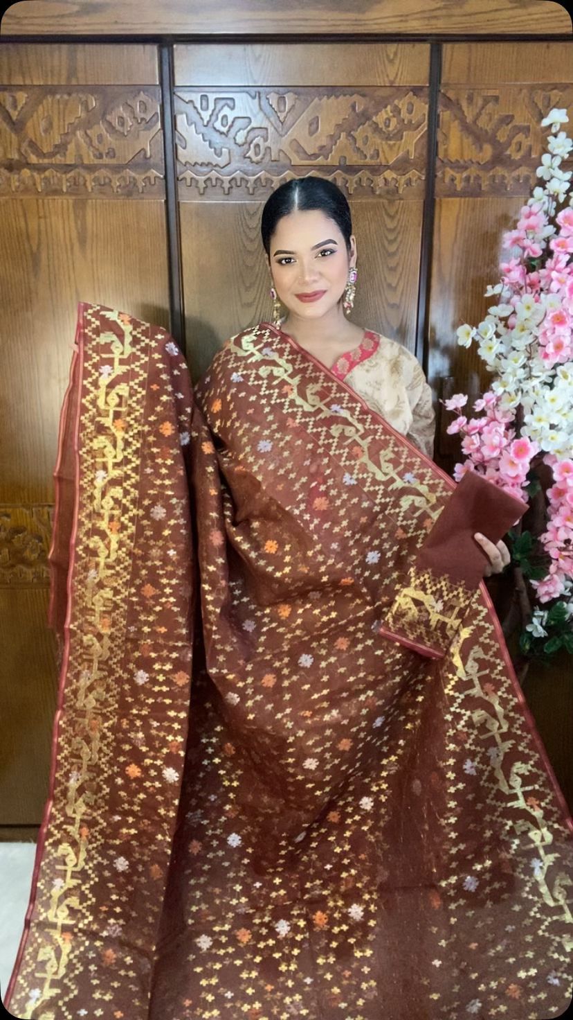 Chocolate Brown Jamdani Saree 80 Count