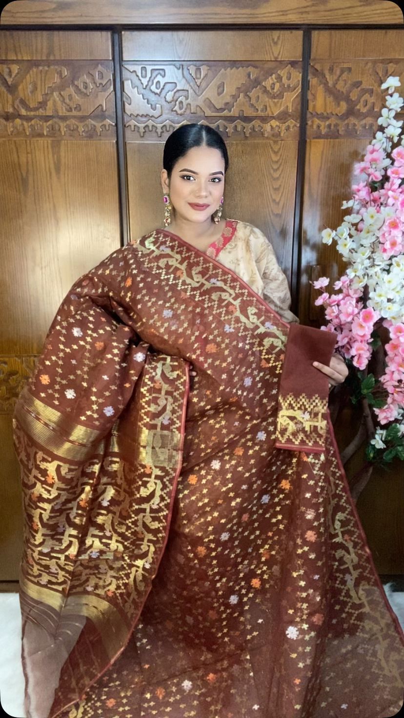 Chocolate Brown Jamdani Saree 80 Count