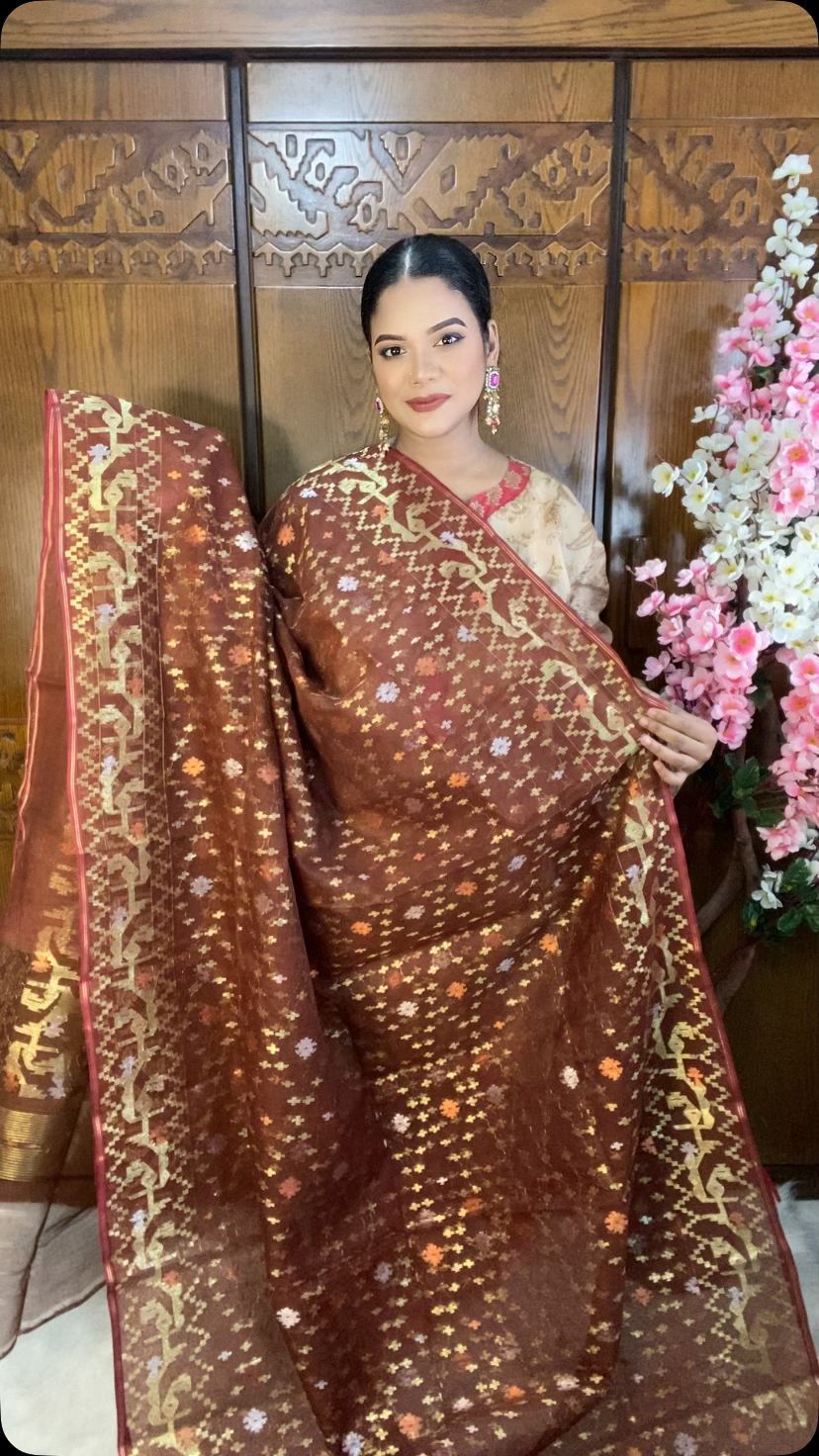 Chocolate Brown Jamdani Saree 80 Count