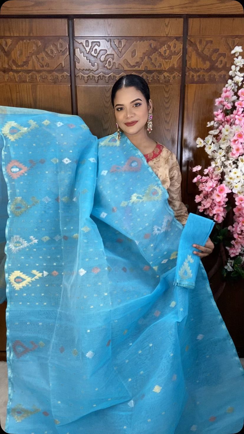 Sky Blue Jamdani Saree 60/80 Mixed Count