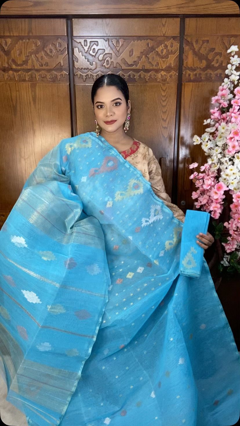 Sky Blue Jamdani Saree 60/80 Mixed Count