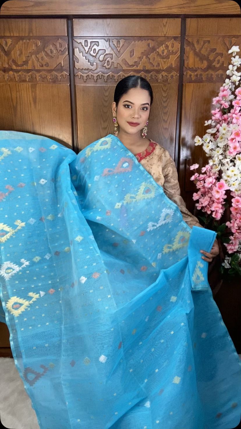 Sky Blue Jamdani Saree 60/80 Mixed Count