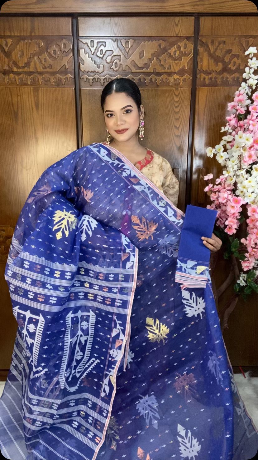 Navy Blue Jamdani Saree 80 Count