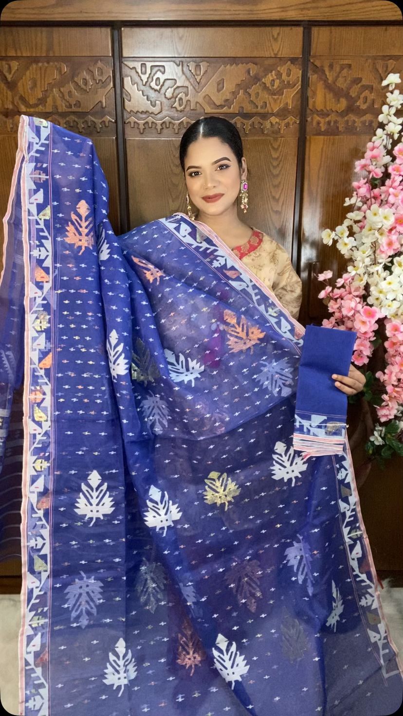 Navy Blue Jamdani Saree 80 Count