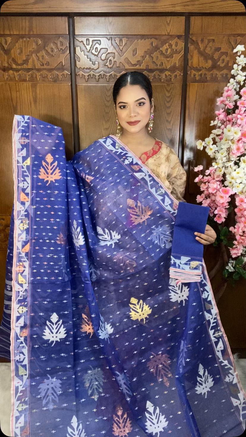 Navy Blue Jamdani Saree 80 Count