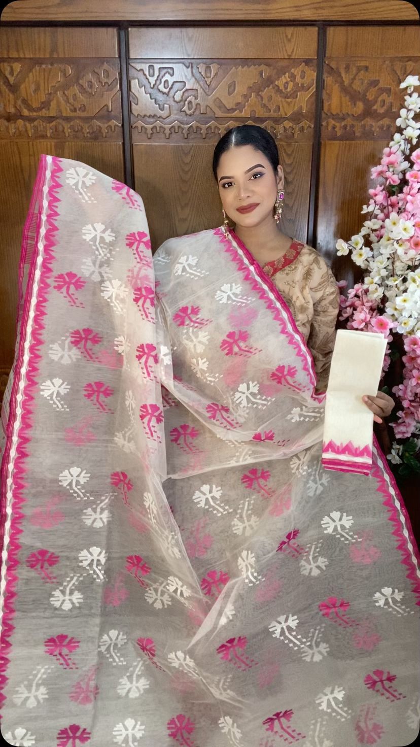 White-Pink Jamdani Saree 80 Count