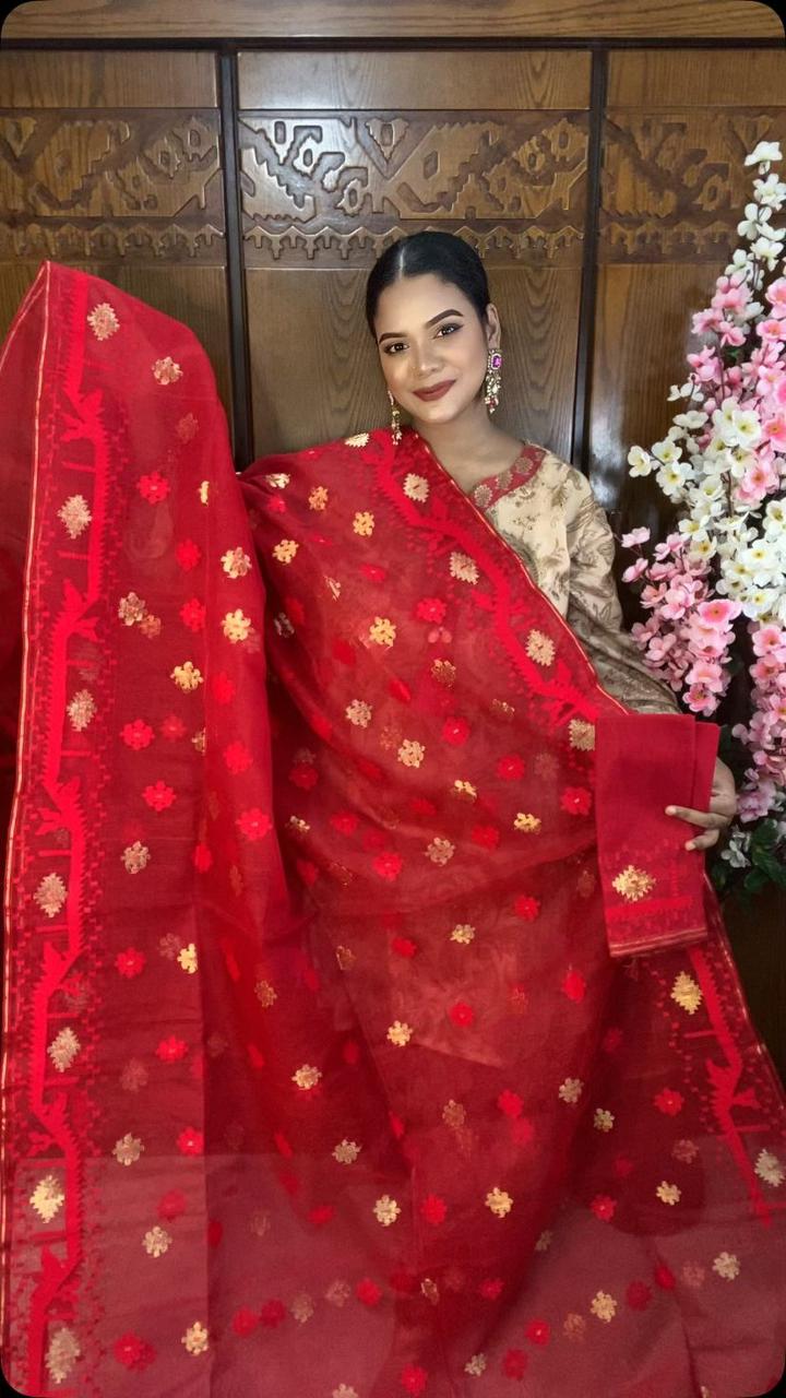 Red Jamdani Saree 80 Count