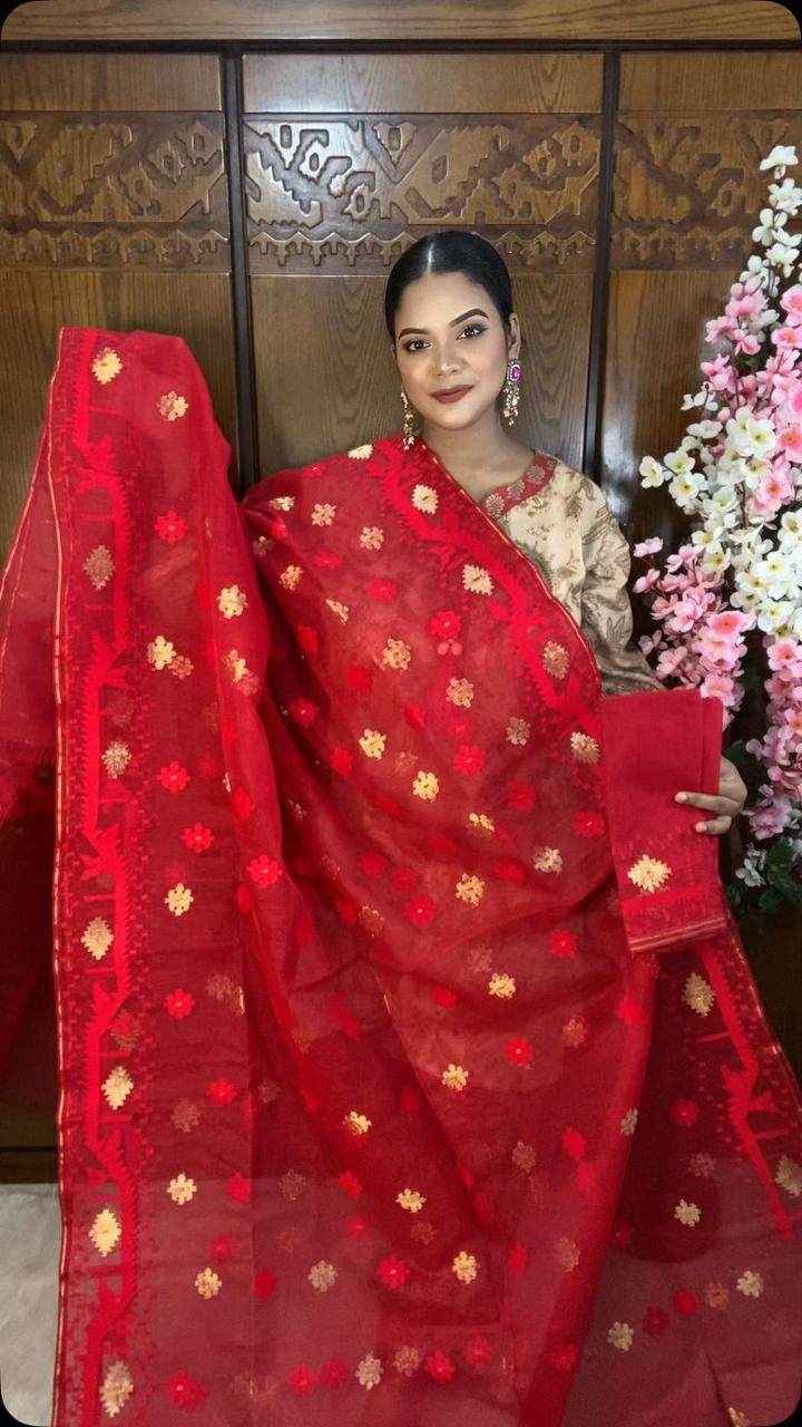 Red Jamdani Saree 80 Count