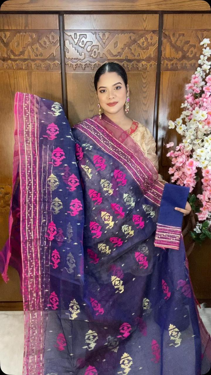 Indigo Jamdani Saree 80 Count
