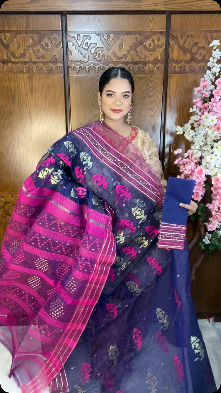 Indigo Jamdani Saree 80 Count